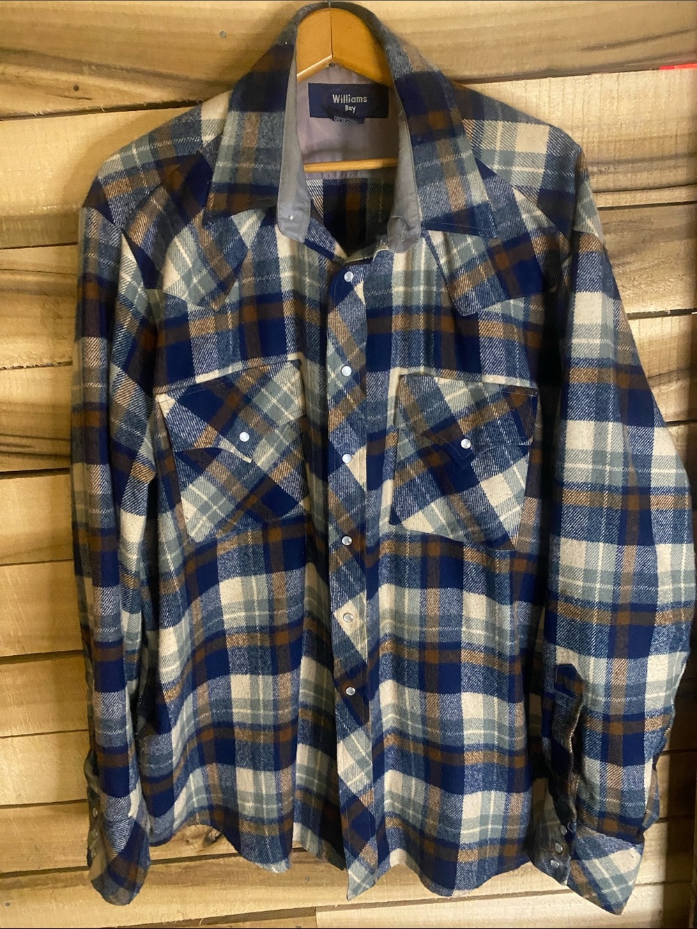 Vintage Williams Bay Men's Blue Brown Cream Plaid Flannel Shirt XXL acrylic